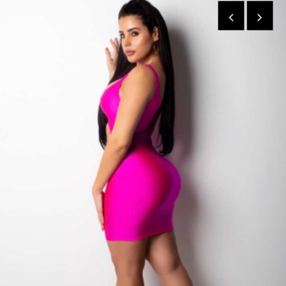 Famous Kim K Hot Pink Spandex Dress BACK IN STOCK - Picture 3 of 7